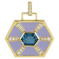 Pendentif émail topaze bleue avec diamants en or jaune 14k