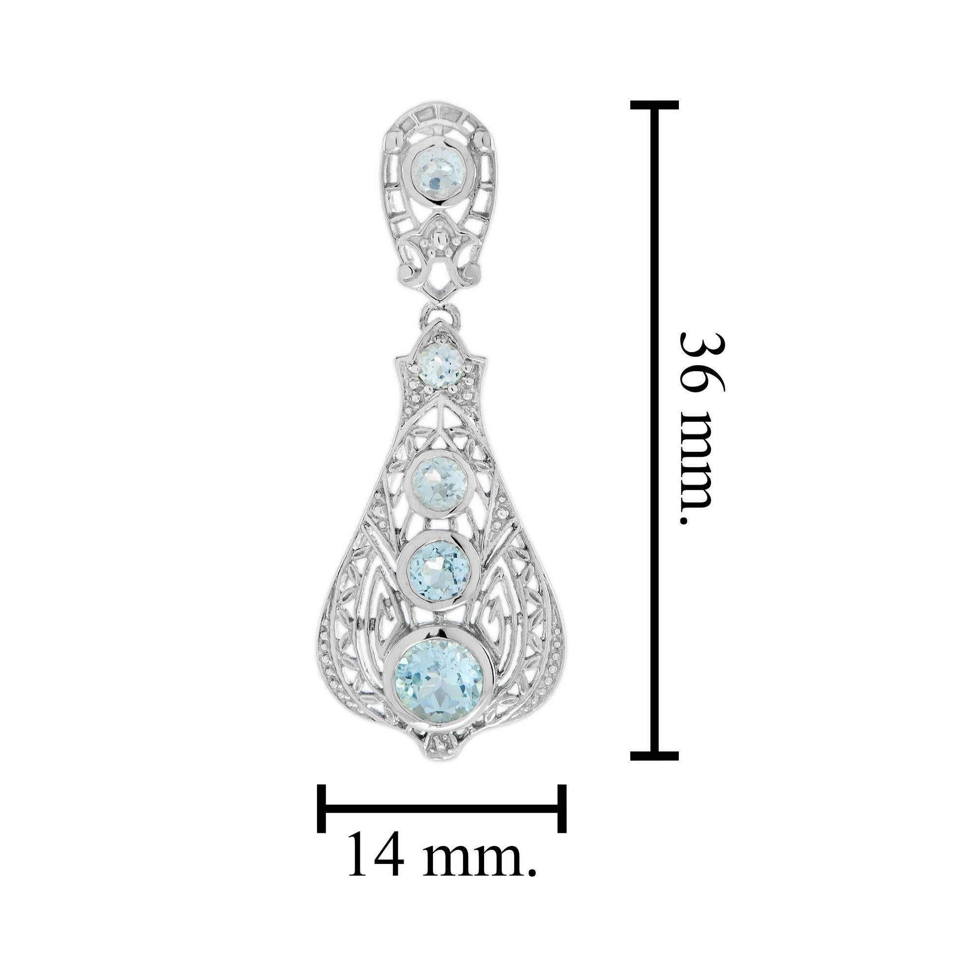 Round Cut Blue Topaz Filigree Dangle Earrings in 14K White Gold For Sale