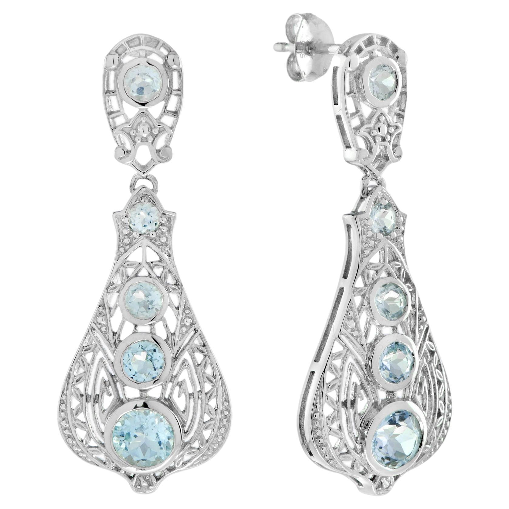 HandCrafted 14K White Gold Blue Topaz Color Stone Earrings For Sale at