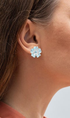 Blue Topaz Floral Earrings White Topaz 10.5 Carats 18K White Gold Plated Silver