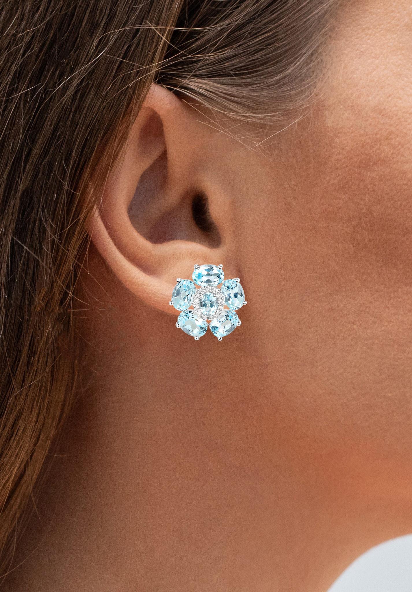 Oval Cut Blue Topaz Floral Earrings White Topaz 10.5 Carats 18K White Gold Plated Silver For Sale