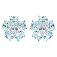 Blue Topaz Floral Earrings White Topaz 10.5 Carats 18K White Gold Plated Silver