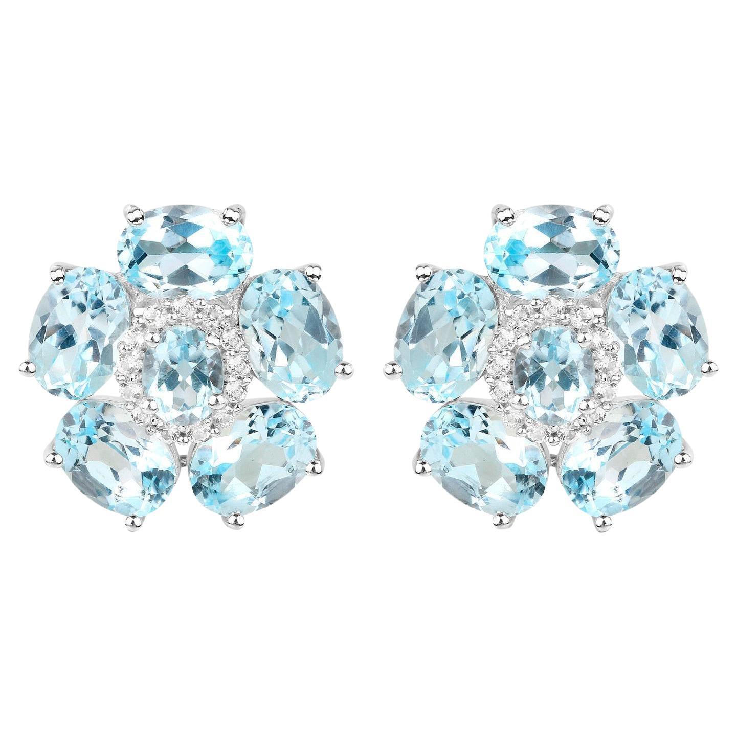 Blue Topaz Floral Earrings White Topaz 10.5 Carats 18K White Gold Plated Silver