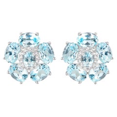 Blue Topaz Floral Earrings White Topaz 10.5 Carats 18K White Gold Plated Silver