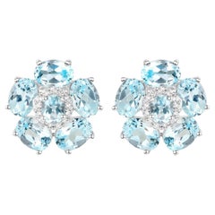 Blue Topaz Floral Earrings White Topaz 10.5 Carats 18K White Gold Plated Silver