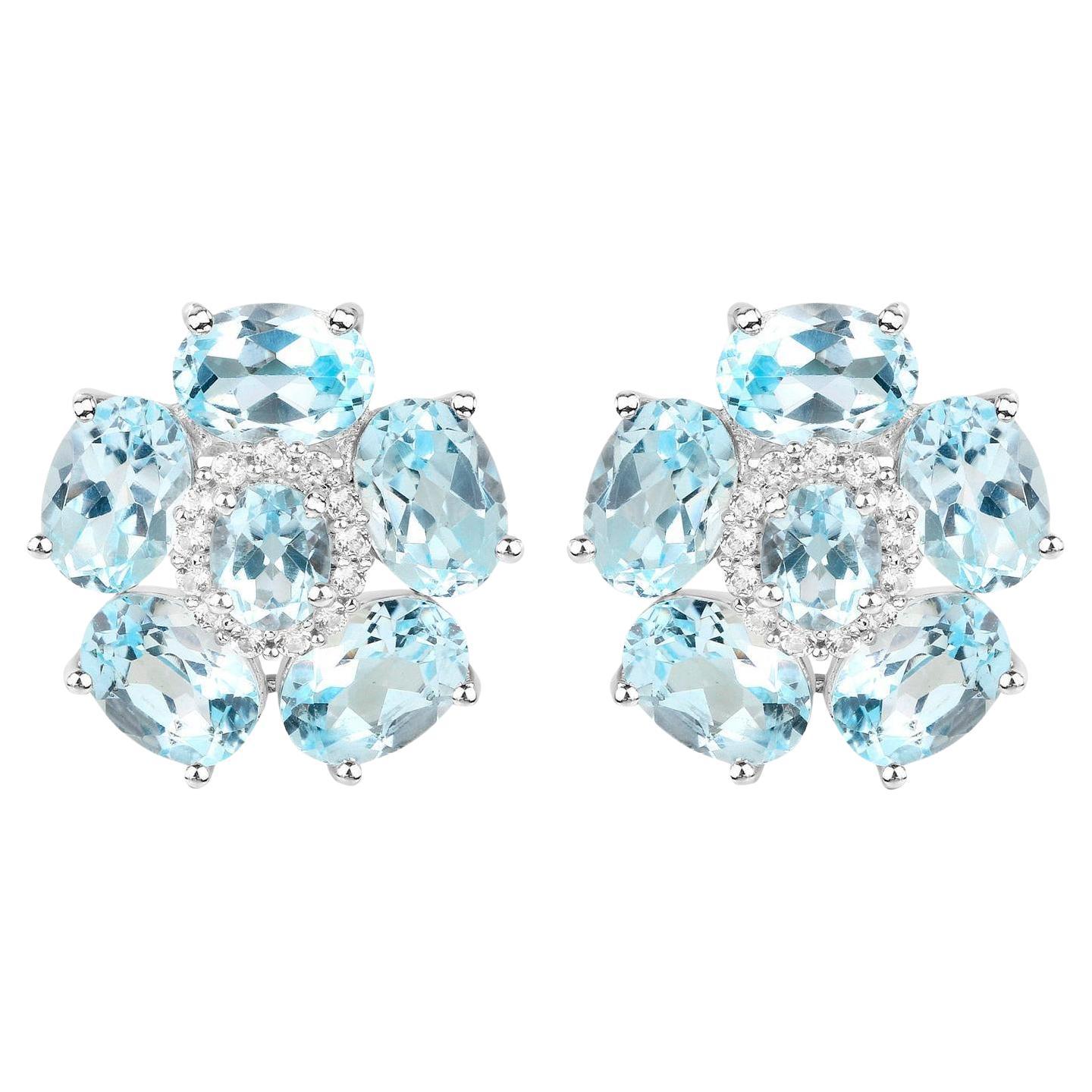 Pendientes Florales Topacio Azul Topacio Blanco 10,5 Quilates Plata Chapada en Oro Blanco 18K en venta