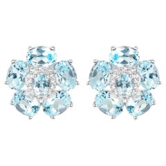 Pendientes Florales Topacio Azul Topacio Blanco 10,5 Quilates Plata Chapada en Oro Blanco 18K