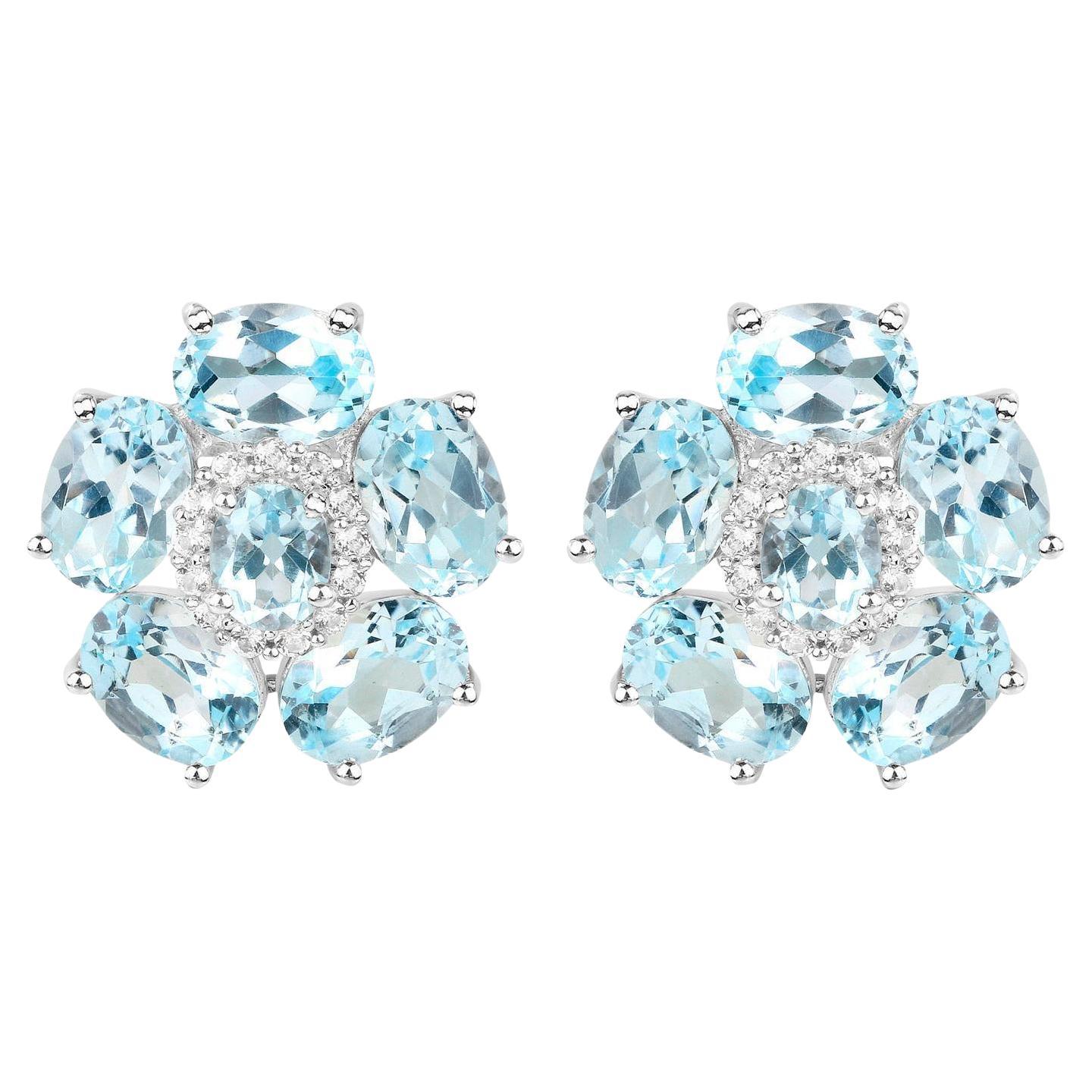 Blue Topaz Floral Earrings White Topaz 10.5 Carats 18K White Gold Plated Silver For Sale