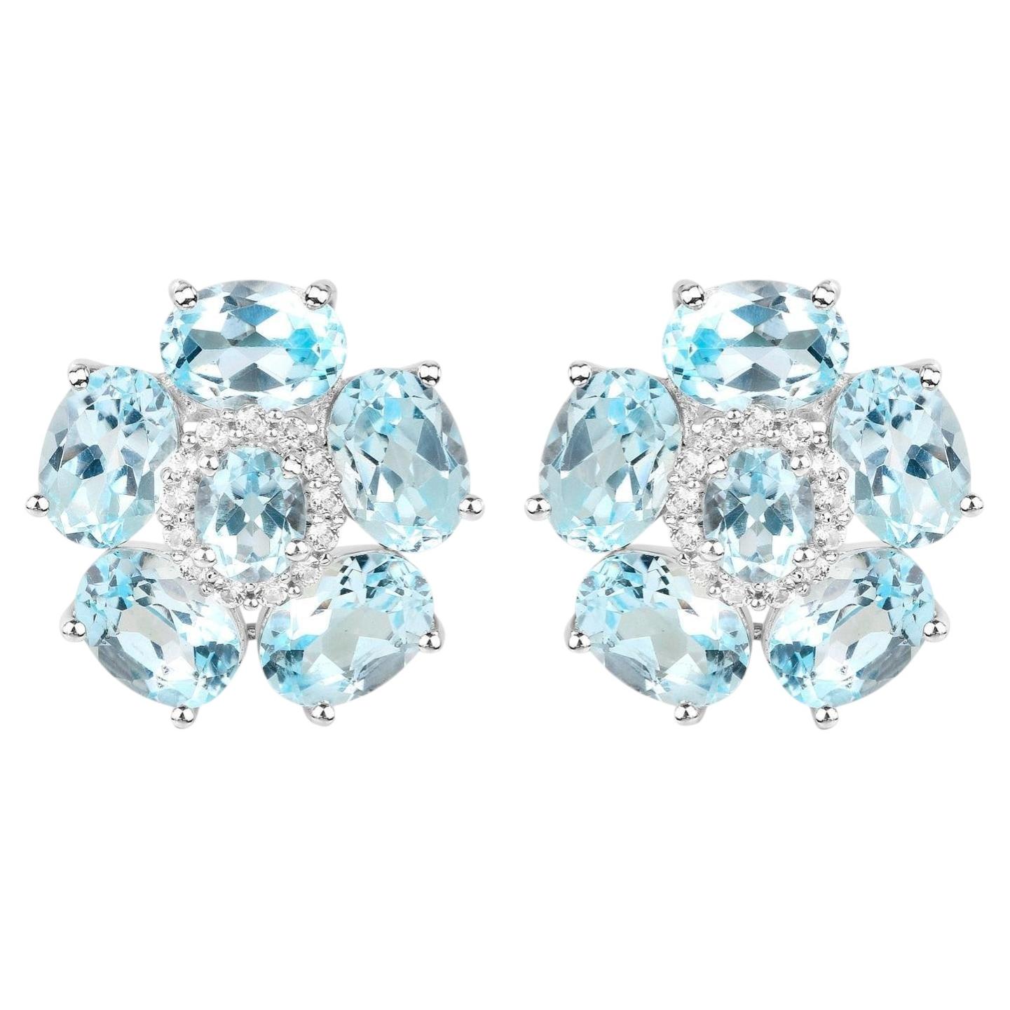 Orecchini floreali di topazio blu Topazio bianco 10,5 carati Argento placcato oro bianco 18K