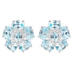 Blue Topaz Floral Earrings White Topaz 10.5 Carats 18K White Gold Plated Silver