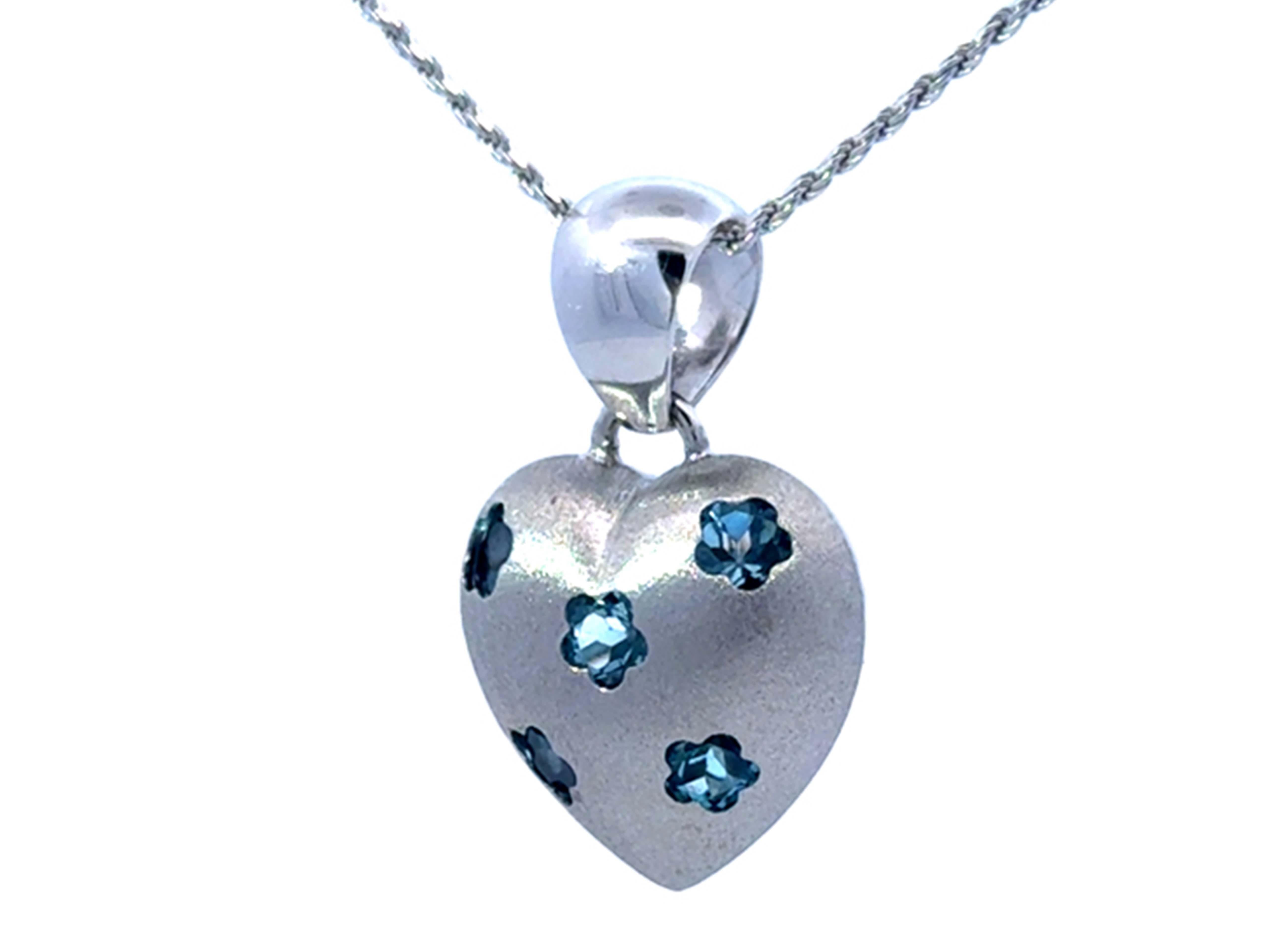 Heart Cut Blue Topaz Flower Studded 3D Heart Necklace 14k White Gold For Sale