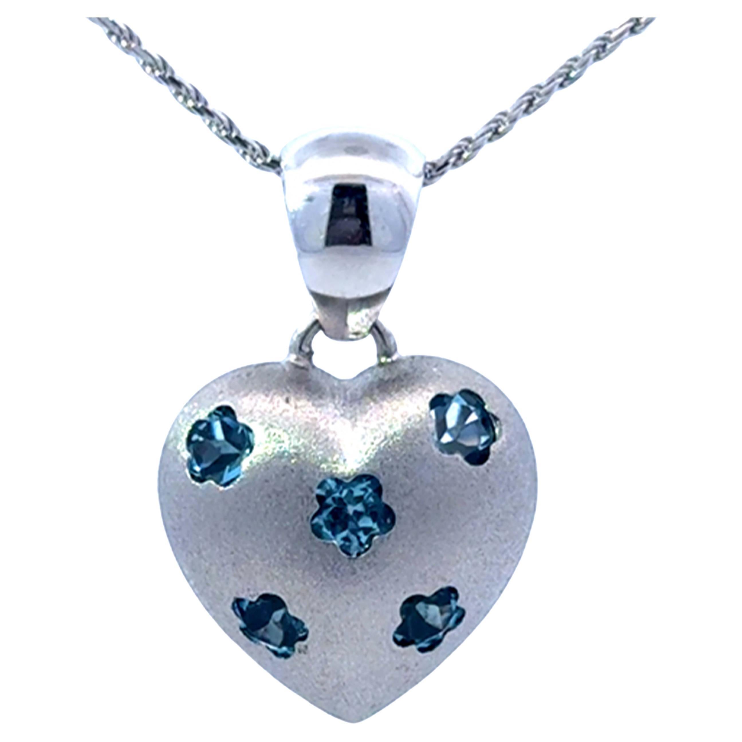 Blue Topaz Flower Studded 3D Heart Necklace 14k White Gold For Sale