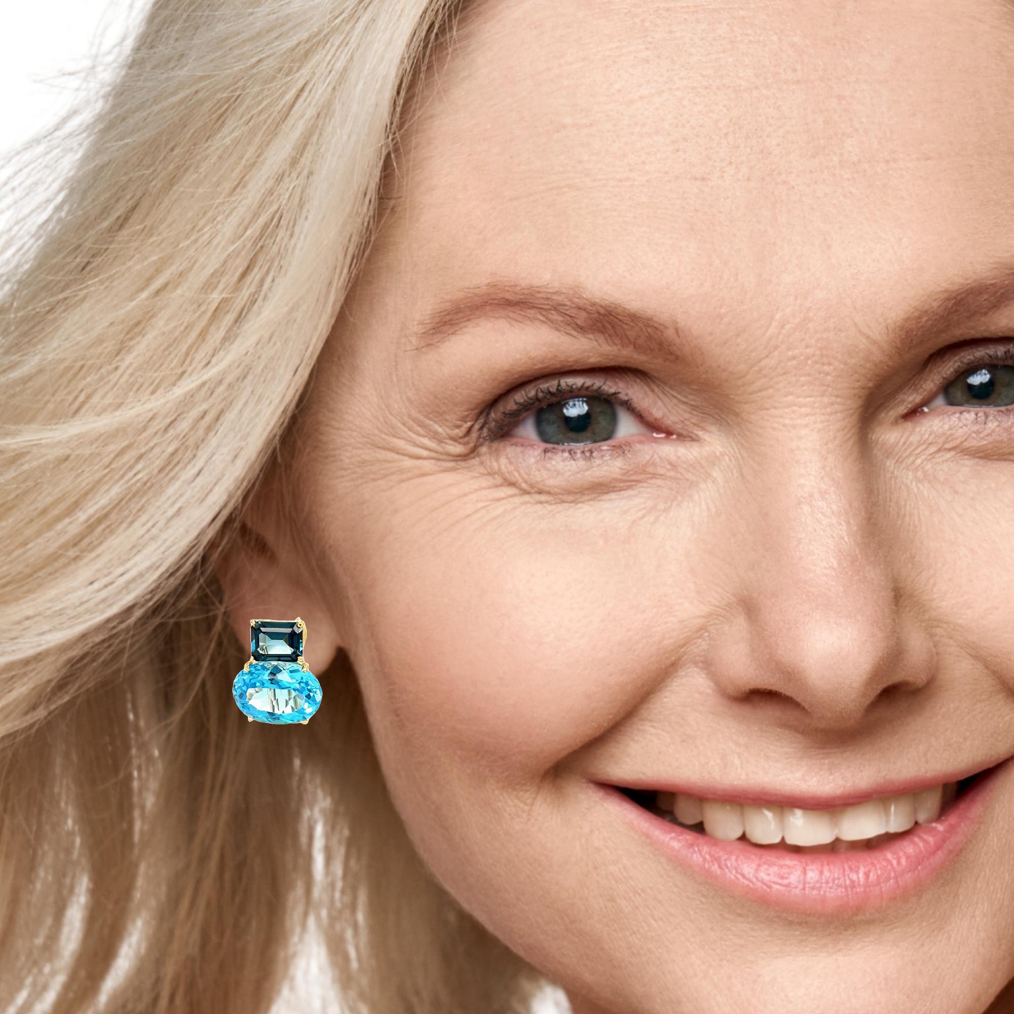 Boucles d'oreilles à pince en or jaune 18 carats, Topaze bleue, 28.49 carats total en vente 4