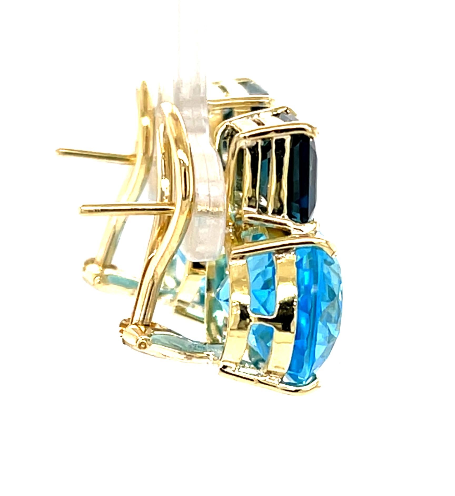 Boucles d'oreilles à pince en or jaune 18 carats, Topaze bleue, 28.49 carats total Neuf - En vente à Los Angeles, CA