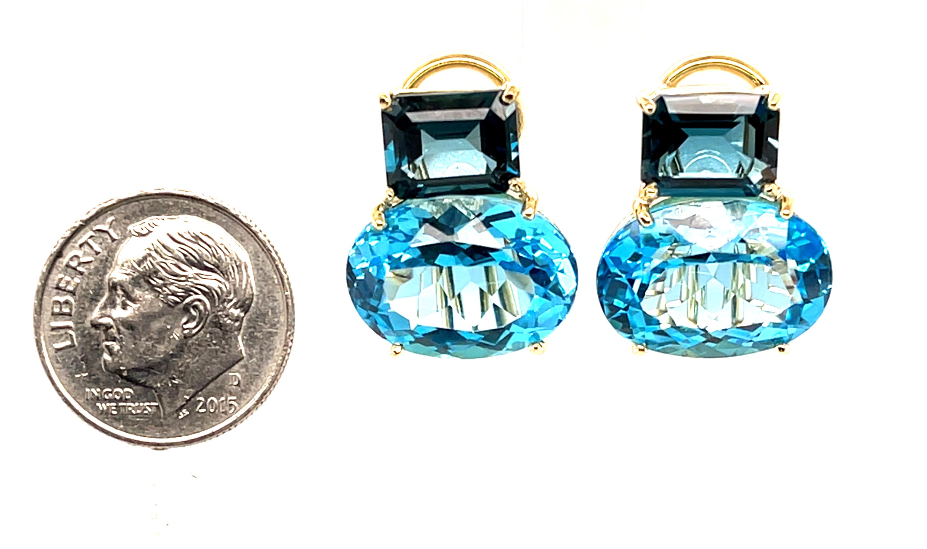 Boucles d'oreilles à pince en or jaune 18 carats, Topaze bleue, 28.49 carats total en vente 2