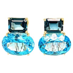 Blue Topaz French Clip Earrings in 18k Yellow Gold, 28.49 Carats Total