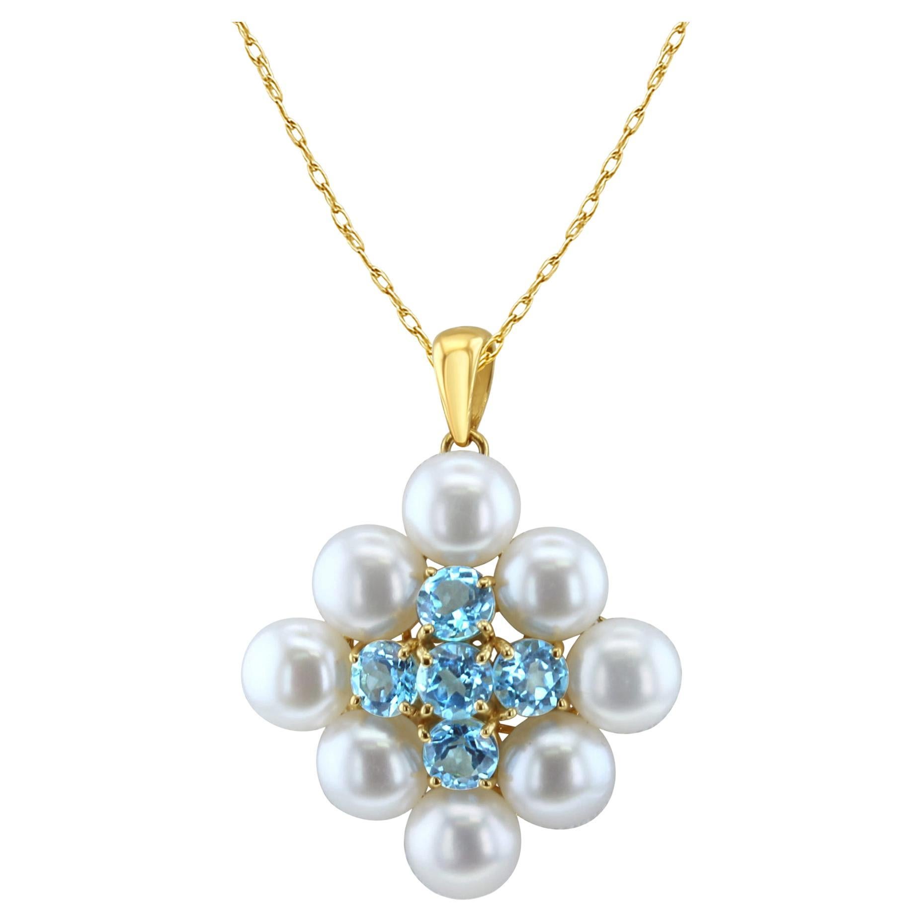 Blue Topaz & Freshwater Pearl Necklace 14k Yellow Gold