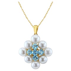 Blue Topaz & Freshwater Pearl Necklace 14k Yellow Gold
