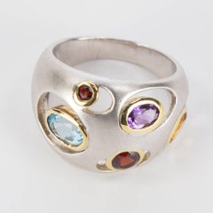 Multi-Gem Blue Topaz Garnet Amethyst Citrine Dome Statement Ring