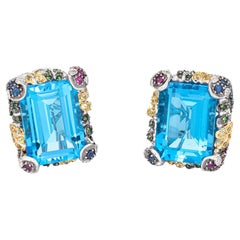 Blue Topaz Gemstone Earrings Estate 18k White Gold Large Square Cocktail Jewelry
