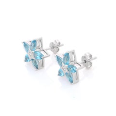 Blue Topaz Gemstone Flower Stud Earrings with Diamond in 18K White Gold