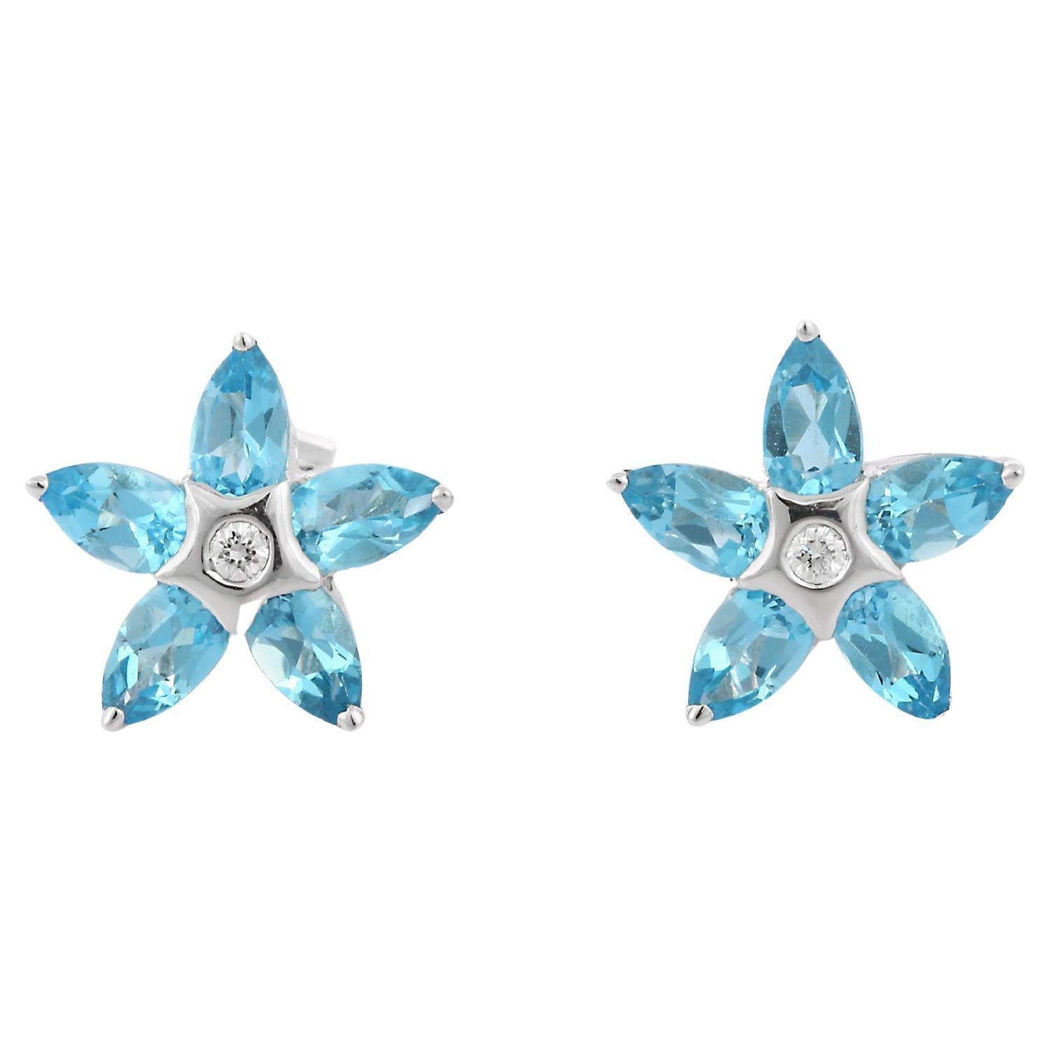 Blue Topaz Gemstone Flower Stud Earrings with Diamond in 18K White Gold For Sale
