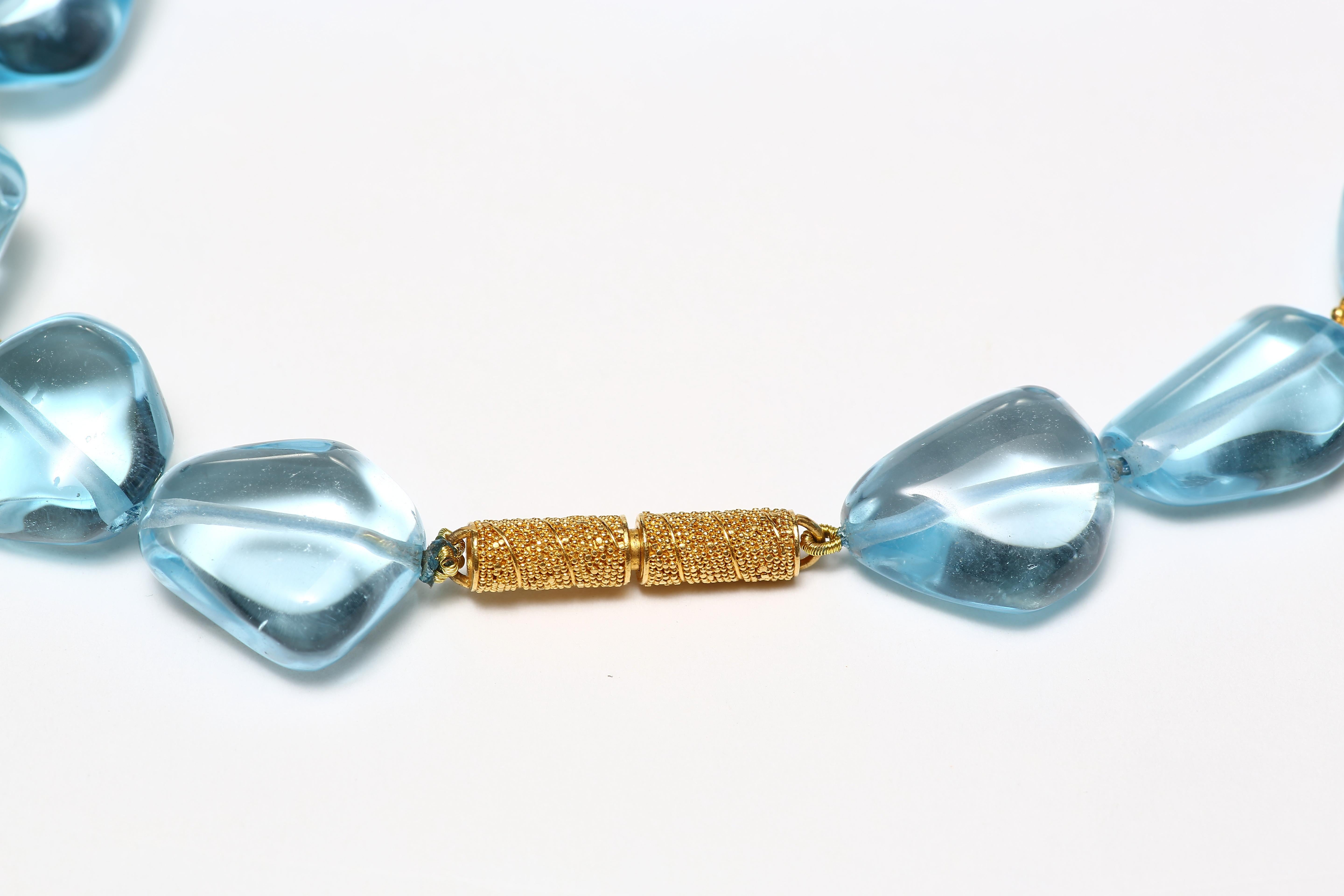 Contemporary Blue Topaz, Gold Bead and Freshwater Pearl Necklace For Sale