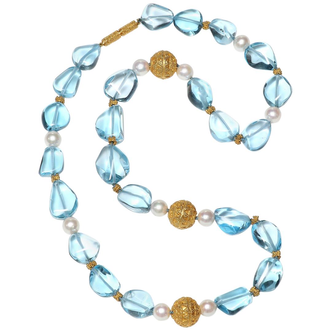 Blue Topaz, Gold Bead and Freshwater Pearl Necklace For Sale