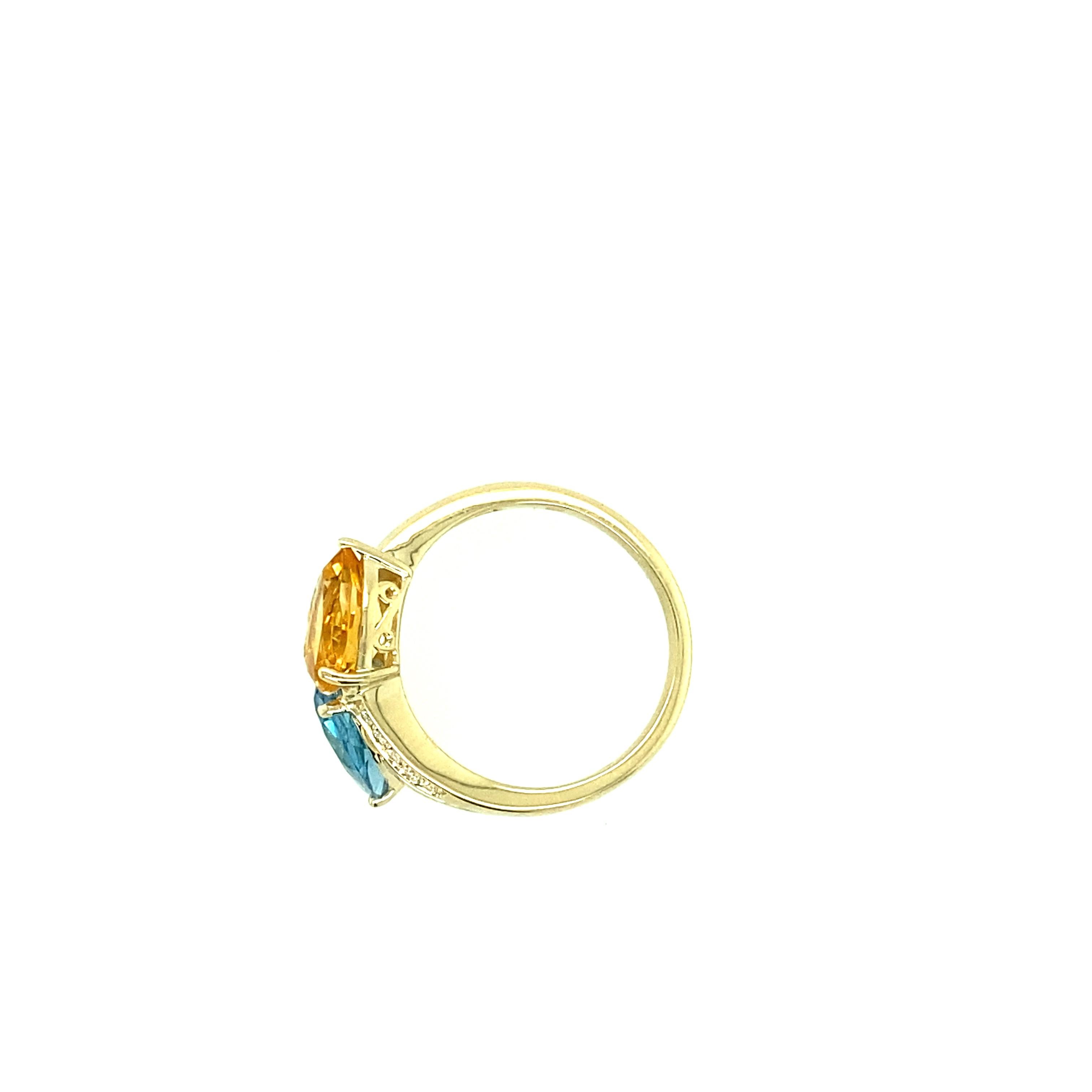 Contemporary Blue Topaz, Golden Citrine and Diamond Ring