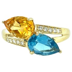 Blue Topaz, Golden Citrine and Diamond Ring