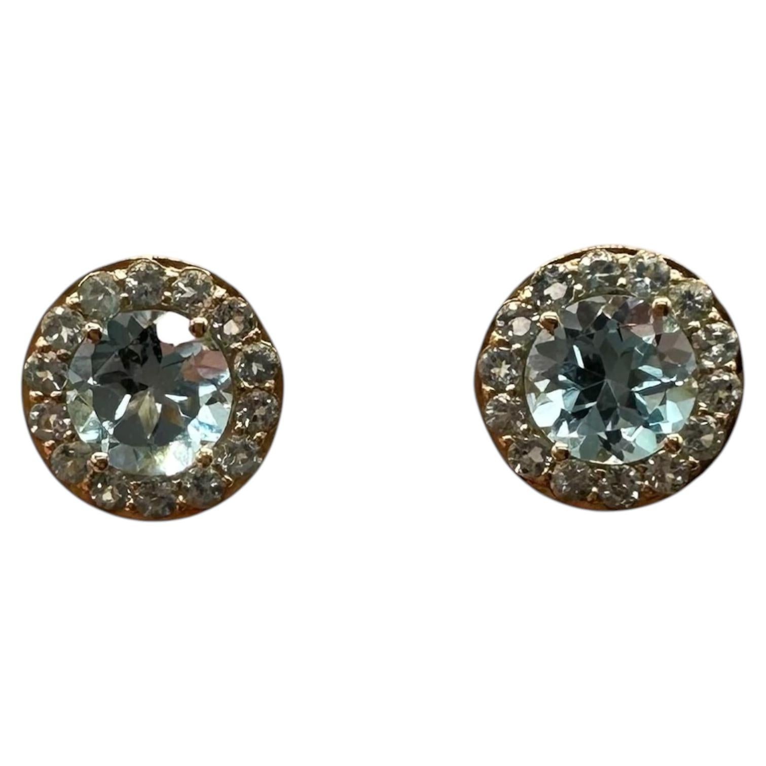 Blue Topaz Halo Earrings 10kt Yellow Gold 5mm Round Push Backs New For ...