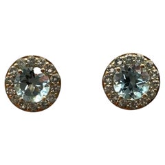 Blue Topaz Halo Earrings 10kt Yellow Gold 5mm Round Push Backs New