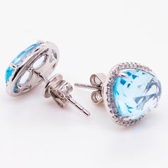 Blue Topaz Halo Earrings with Diamonds Bean Shape Organic Stud Earrings