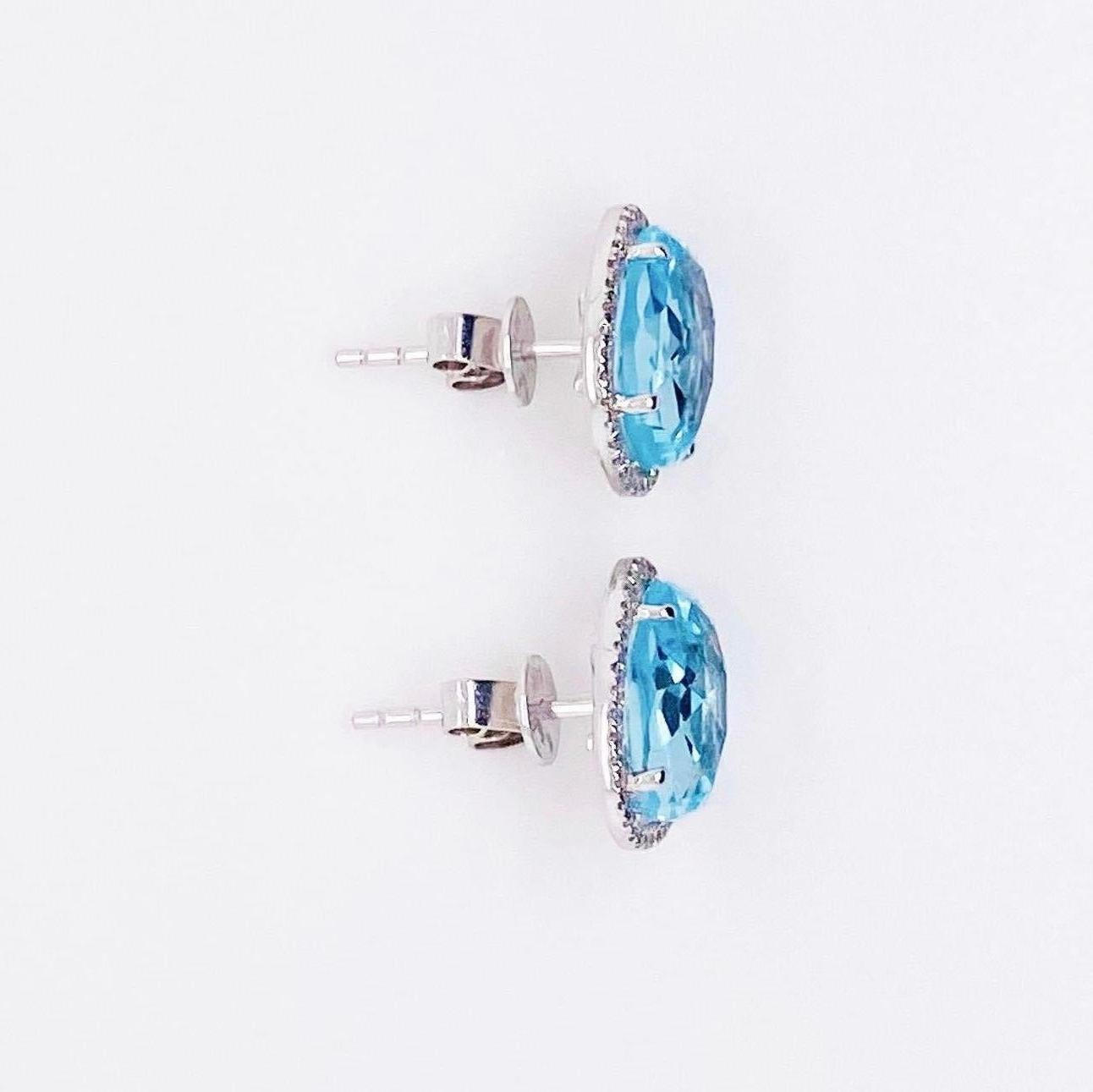 Arts and Crafts Blue Topaz Halo Earrings with Diamonds Bean Shape Organic Stud Earrings For Sale