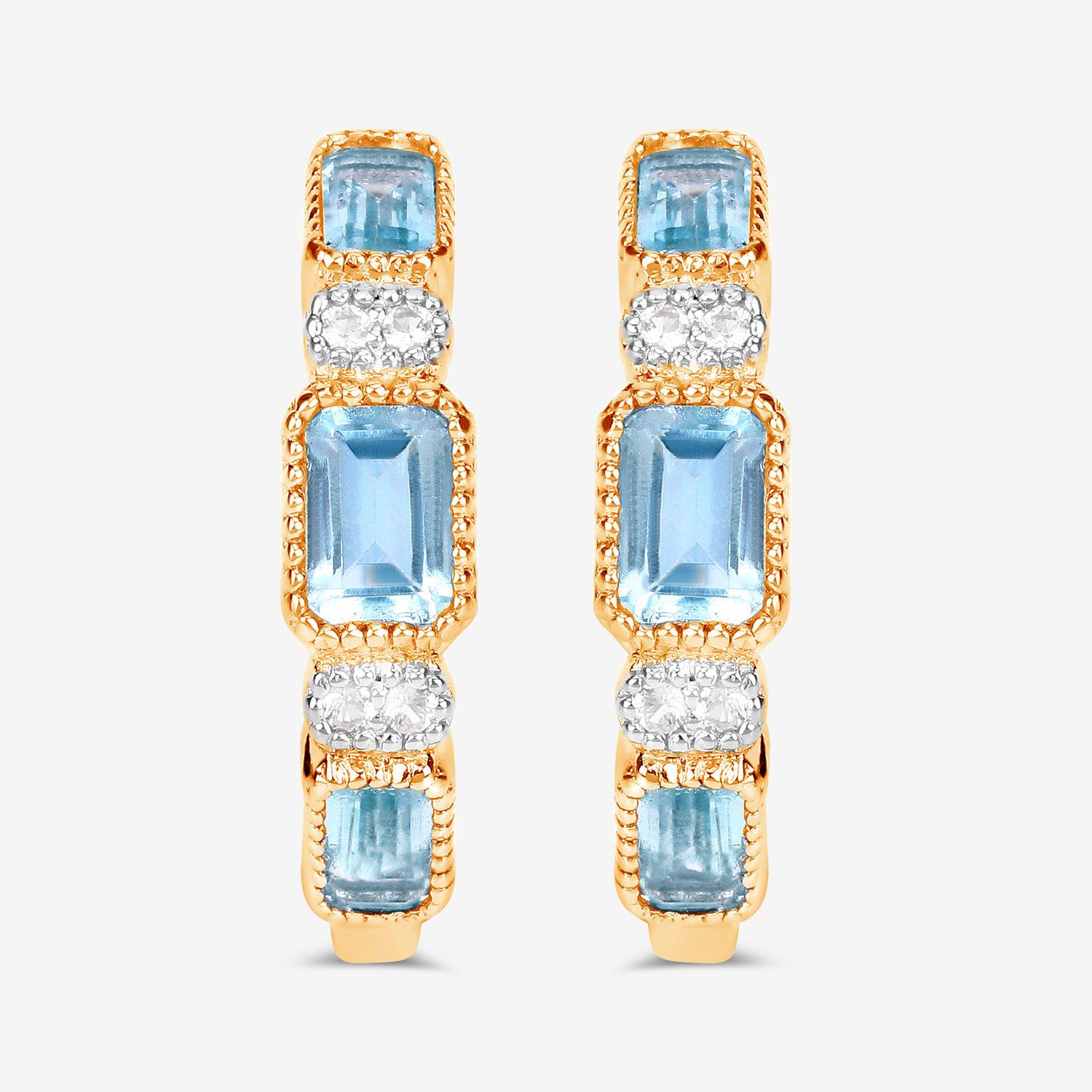 Contemporary Blue Topaz Hoop Earrings 2.65 Carats 14K Yellow Gold Plated Silver For Sale