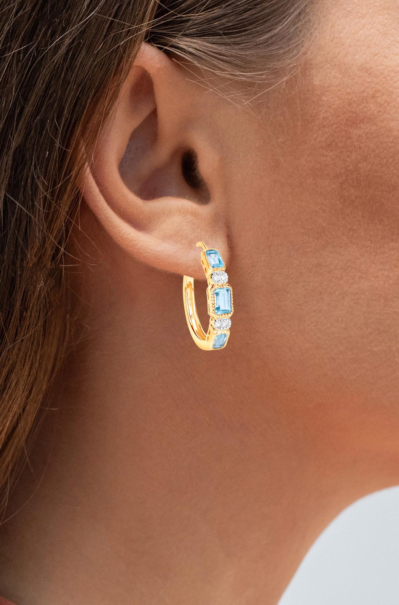 Mixed Cut Blue Topaz Hoop Earrings 2.65 Carats 14K Yellow Gold Plated Silver For Sale