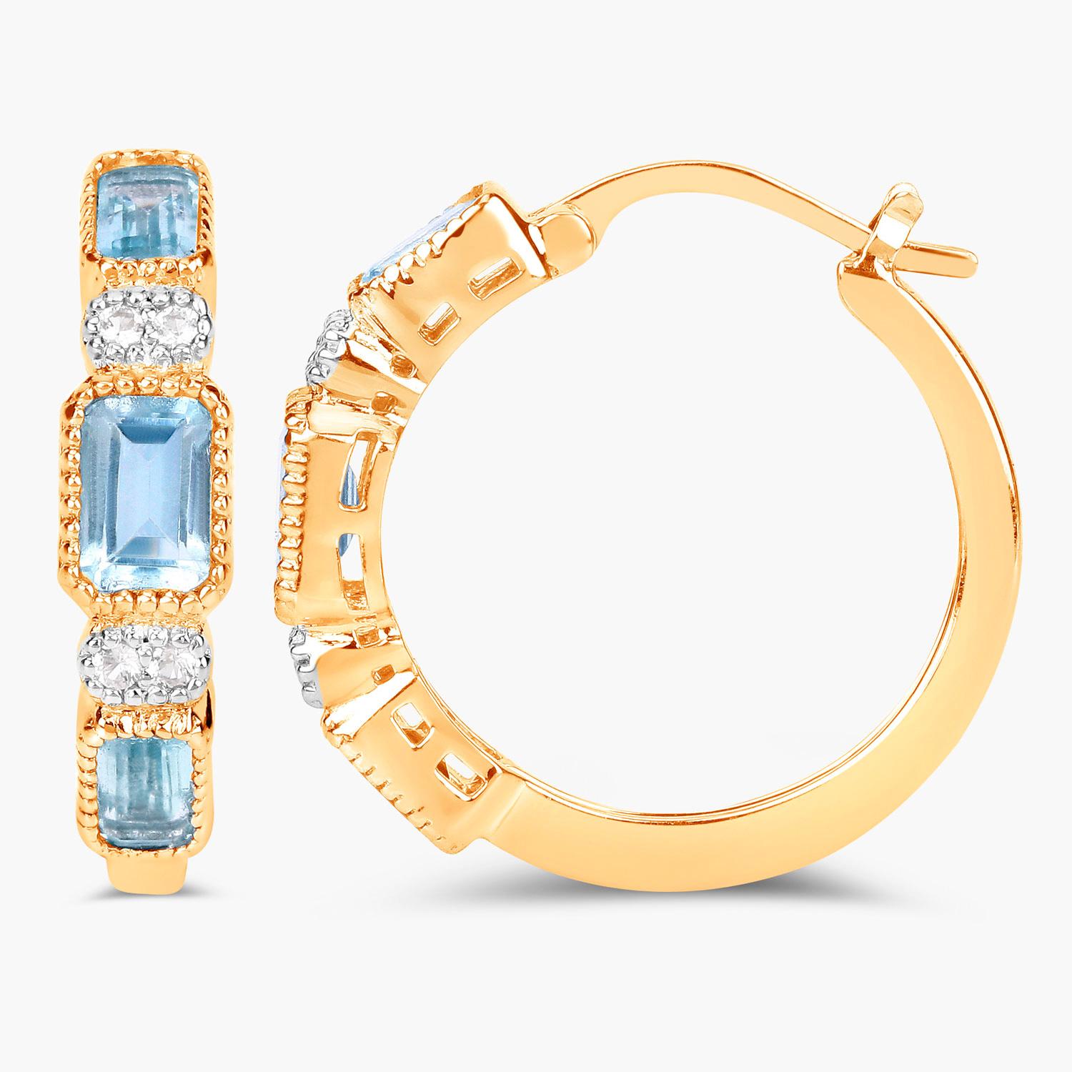 Blue Topaz Hoop Earrings 2.65 Carats 14K Yellow Gold Plated Silver In Excellent Condition For Sale In Aliso Viejo, CA