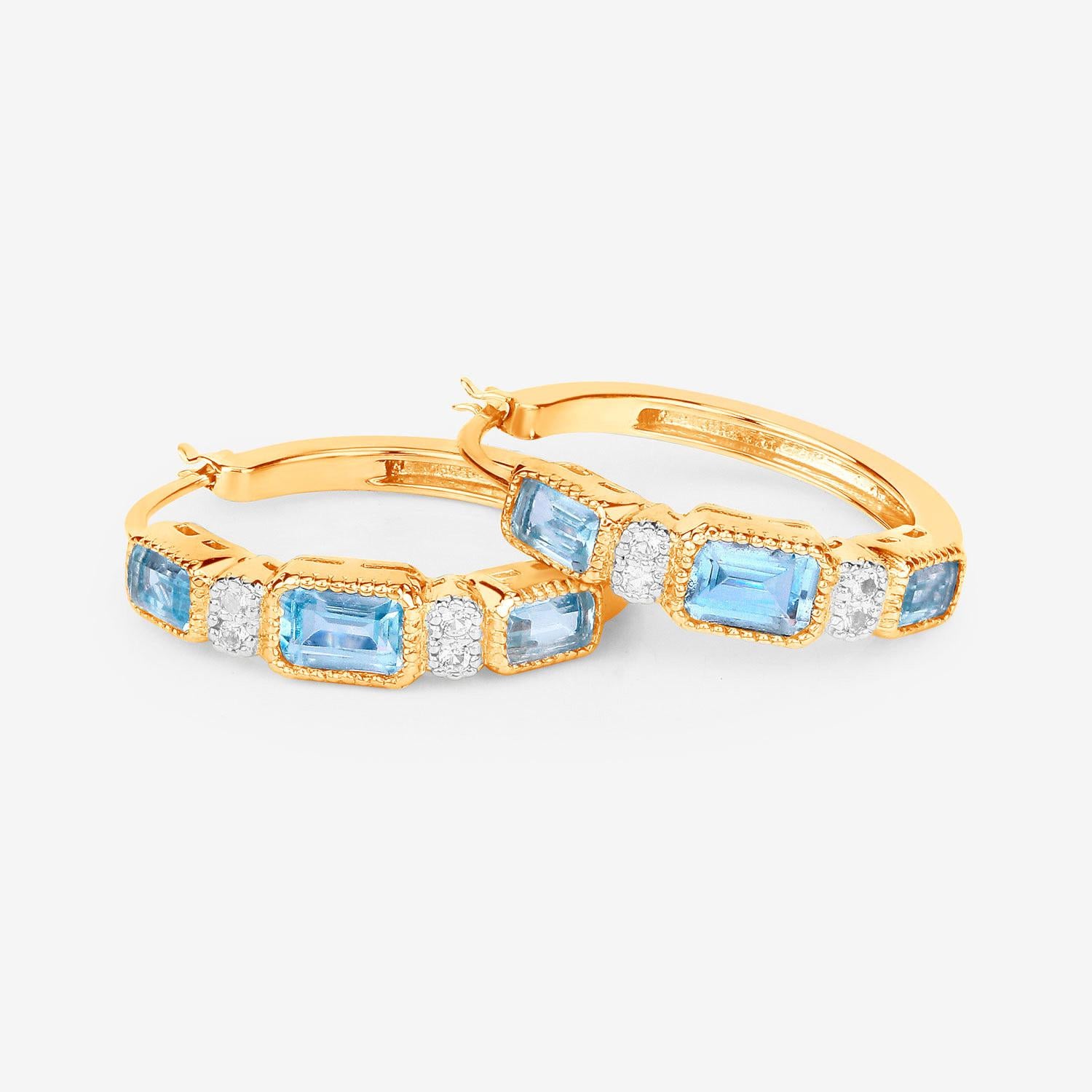 Women's or Men's Blue Topaz Hoop Earrings 2.65 Carats 14K Yellow Gold Plated Silver For Sale