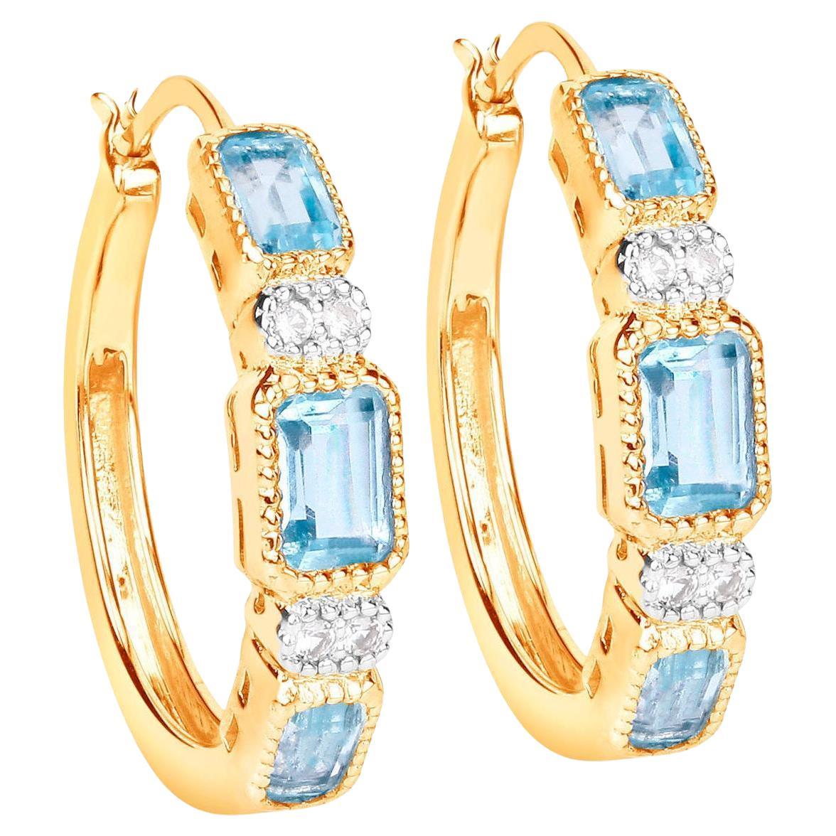 Blue Topaz Hoop Earrings 2.65 Carats 14K Yellow Gold Plated Silver For Sale