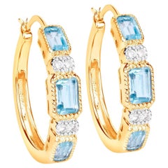 Blue Topaz Hoop Earrings 2.65 Carats 14K Yellow Gold Plated Silver