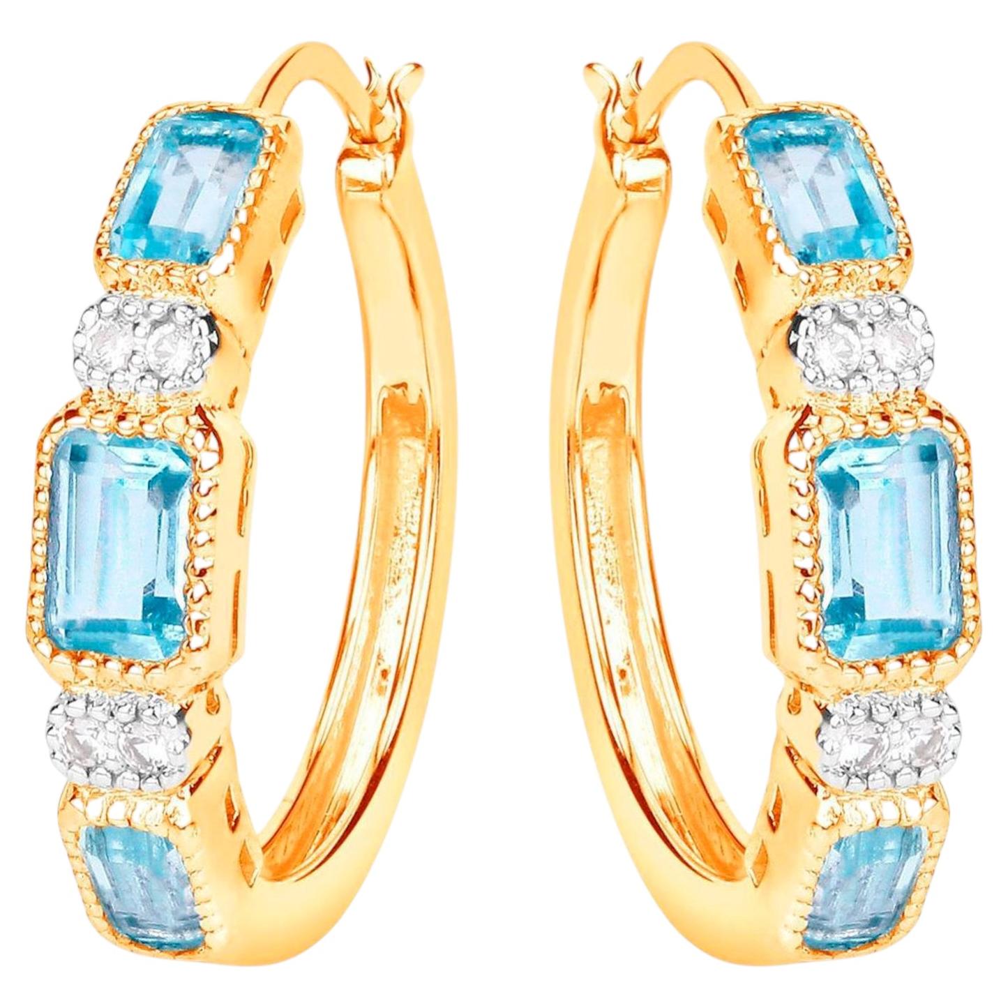 Boucles d'oreilles Topaze Bleue 2.65 Carats Argent Plaqué Or en vente