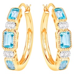 Blue Topaz Hoop Earrings 2.65 Carats Gold Plated Silver