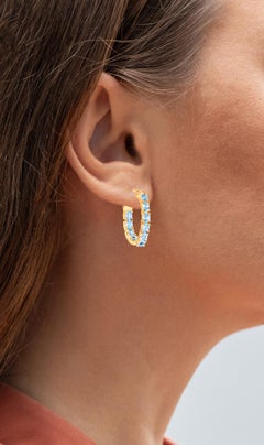 Blue Topaz Hoop Earrings 3.78 Carats Gold Plated Silver