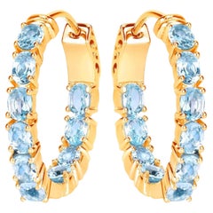 Blue Topaz Hoop Earrings 3.78 Carats Gold Plated Silver