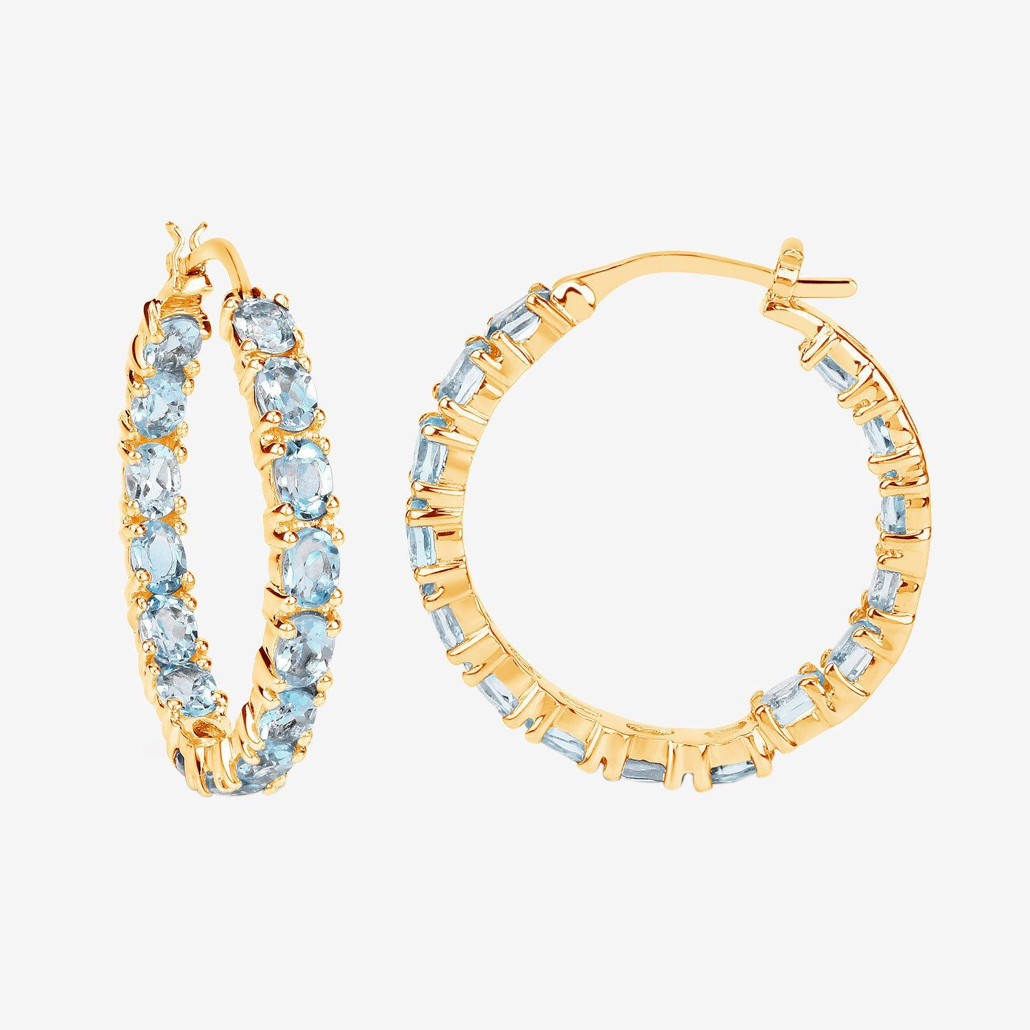 Taglio ovale Orecchini a cerchio in topazio blu 5,7 carati placcati in oro giallo 14K A. Silver in vendita