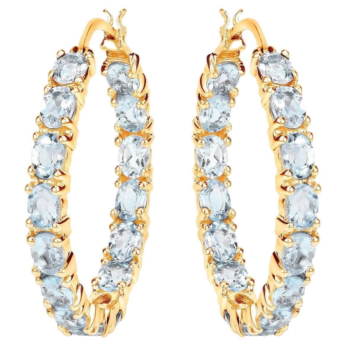 Blue Topaz Hoop Earrings 5.7 Carats 14K Yellow Gold Plated Silver For Sale