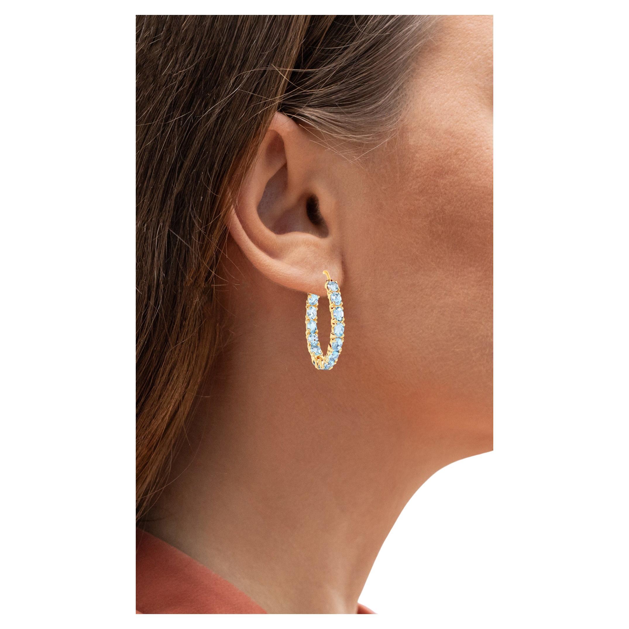 Blue Topaz Hoop Earrings 5.7 Carats 14K Yellow Gold Plated Silver For Sale