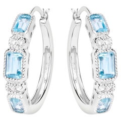 Blue Topaz Hoop Earrings With White Topaz 2.6 Carats Sterling Silver