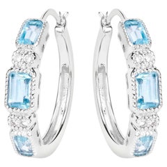 Blue Topaz Hoop Earrings With White Topaz 2.6 Carats Sterling Silver
