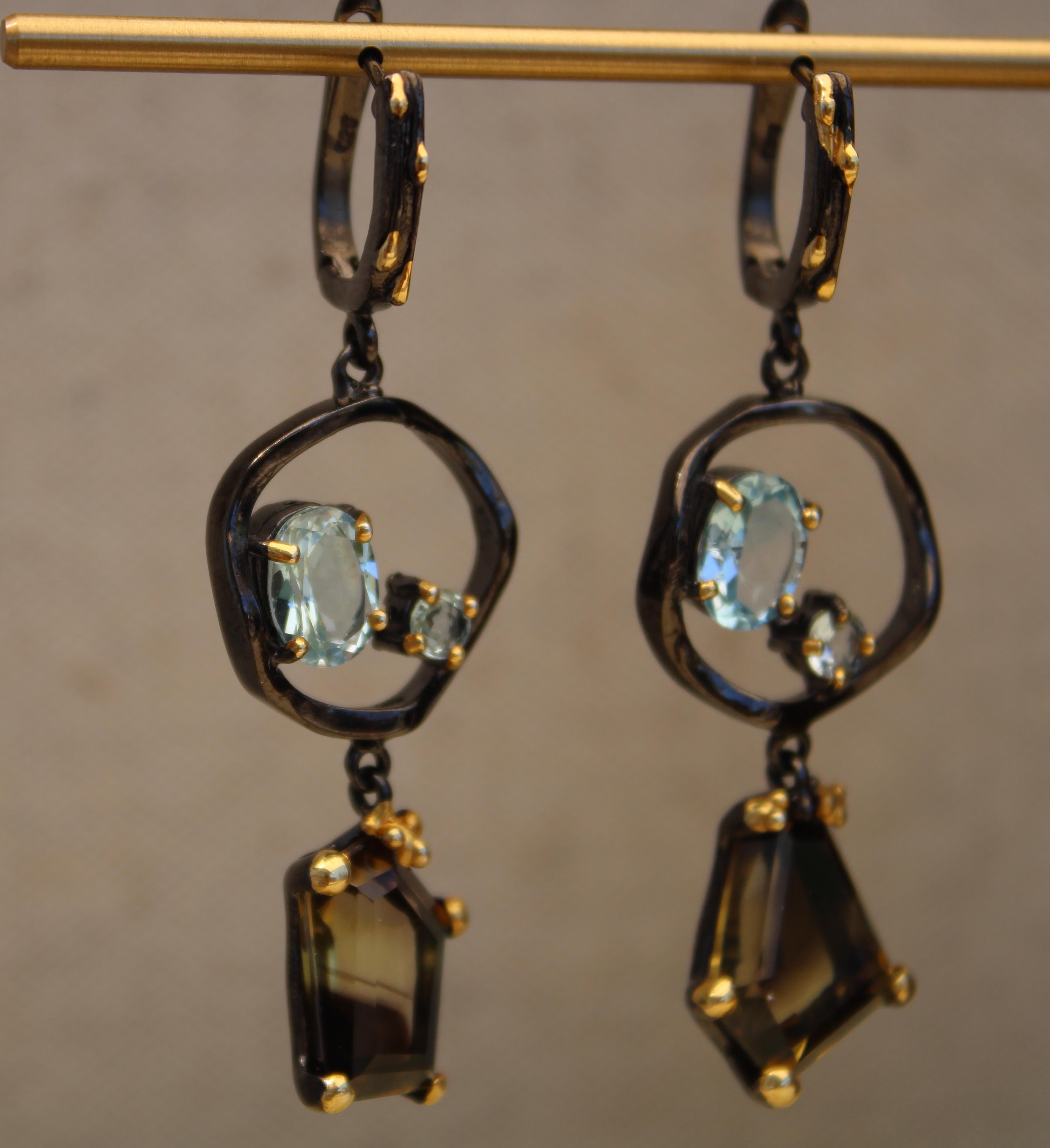 Extraordinary Blue Topaz & Lemon Quartz gemstone free form dangle earrings. This exquisite pair has a drop length of about 1 1/4